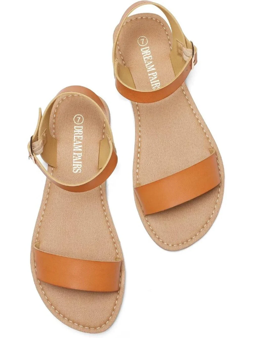 Women's Tan Ankle Strap Flat Sandals Open Toe One Band Buckle Summer Sandals